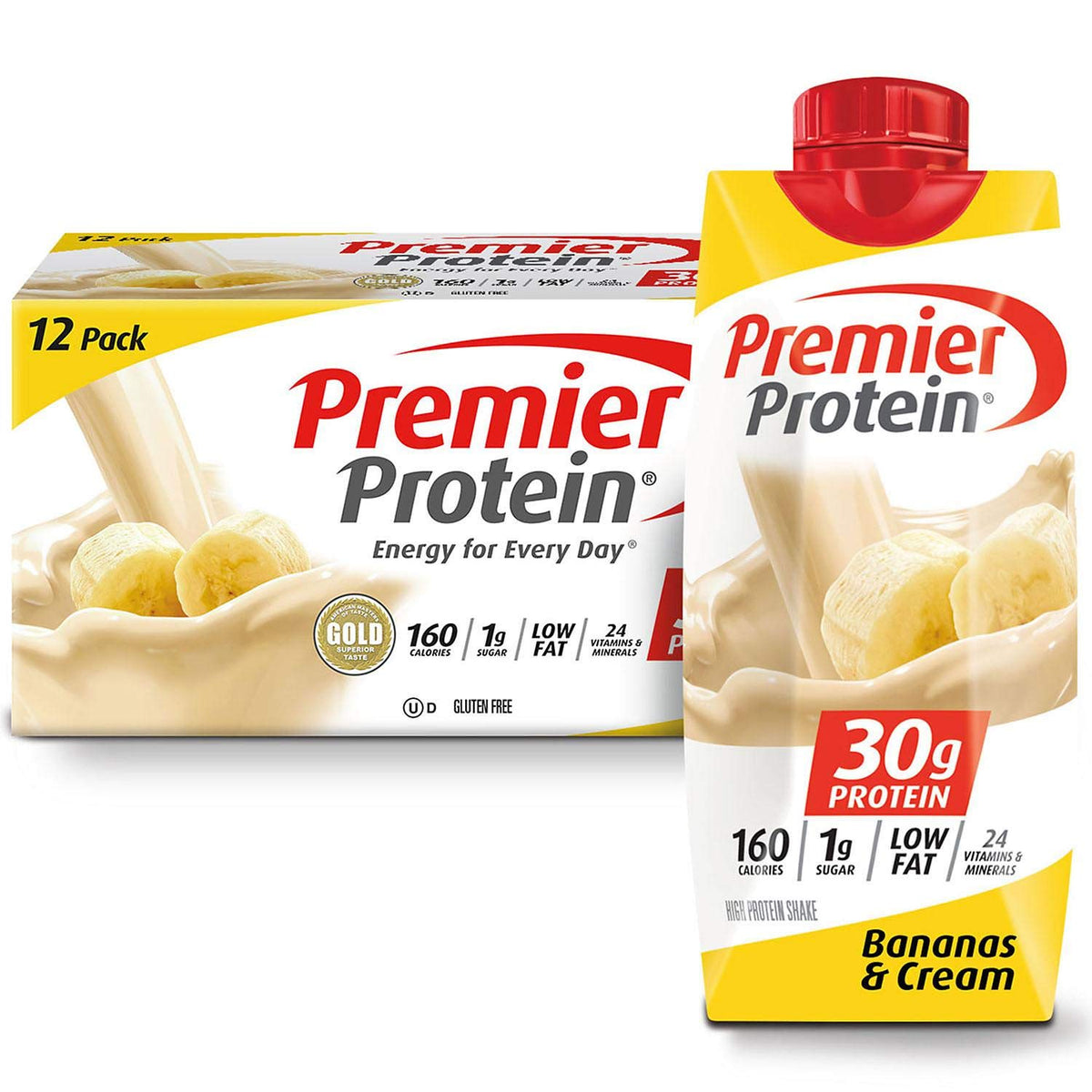Premier Protein 30g High Protein Shake, Bananas & Cream, 12 Pack