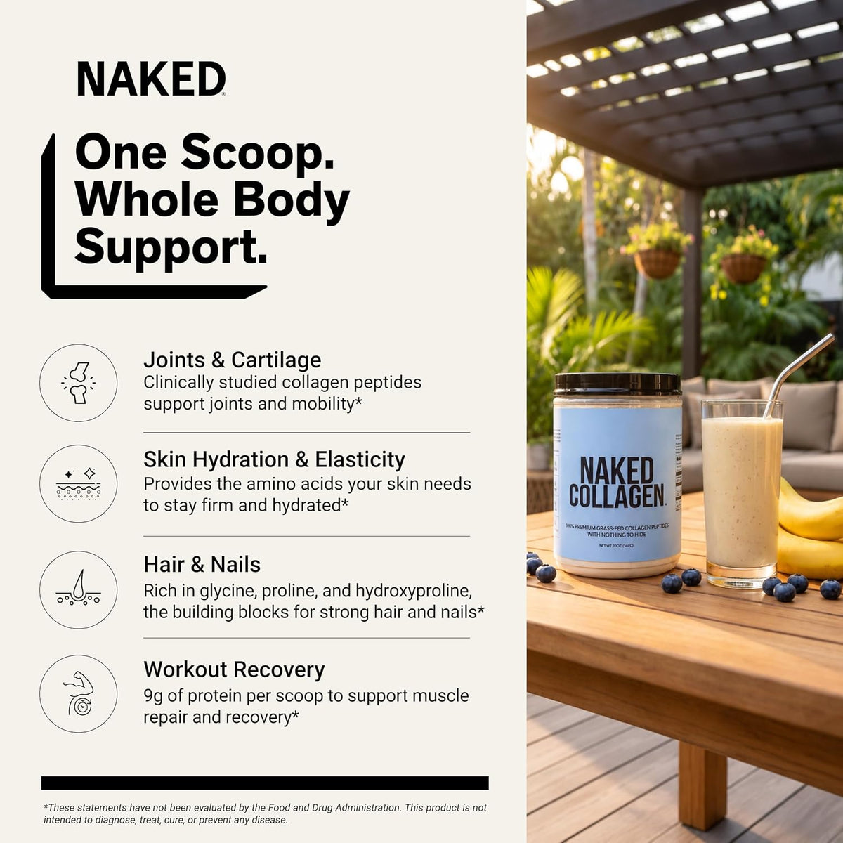 NAKED Collagen Peptides Protein Powder, 60 Servings, Pasture-Raised, Unflavored Grass-Fed Hydrolyzed Collagen Supplement, NSF Certified, Paleo Friendly, Non-GMO, Keto, Gluten Free, 20oz