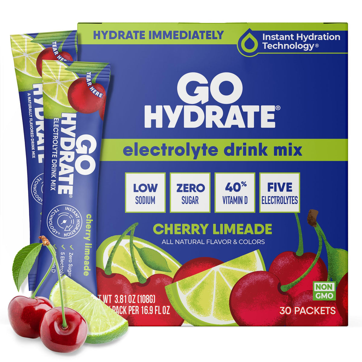 GoHydrate Low Sodium Electrolytes Powder Packets Sugar Free - Instant Hydration Daily Drink Mix - Zero Sugar Water Flavor Packet Singles with Vitamin D - (Variety Pack, 30 Packs)