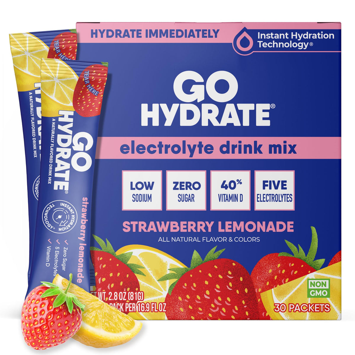 GoHydrate Low Sodium Electrolytes Powder Packets Sugar Free - Instant Hydration Daily Drink Mix - Zero Sugar Water Flavor Packet Singles with Vitamin D - (Variety Pack, 30 Packs)