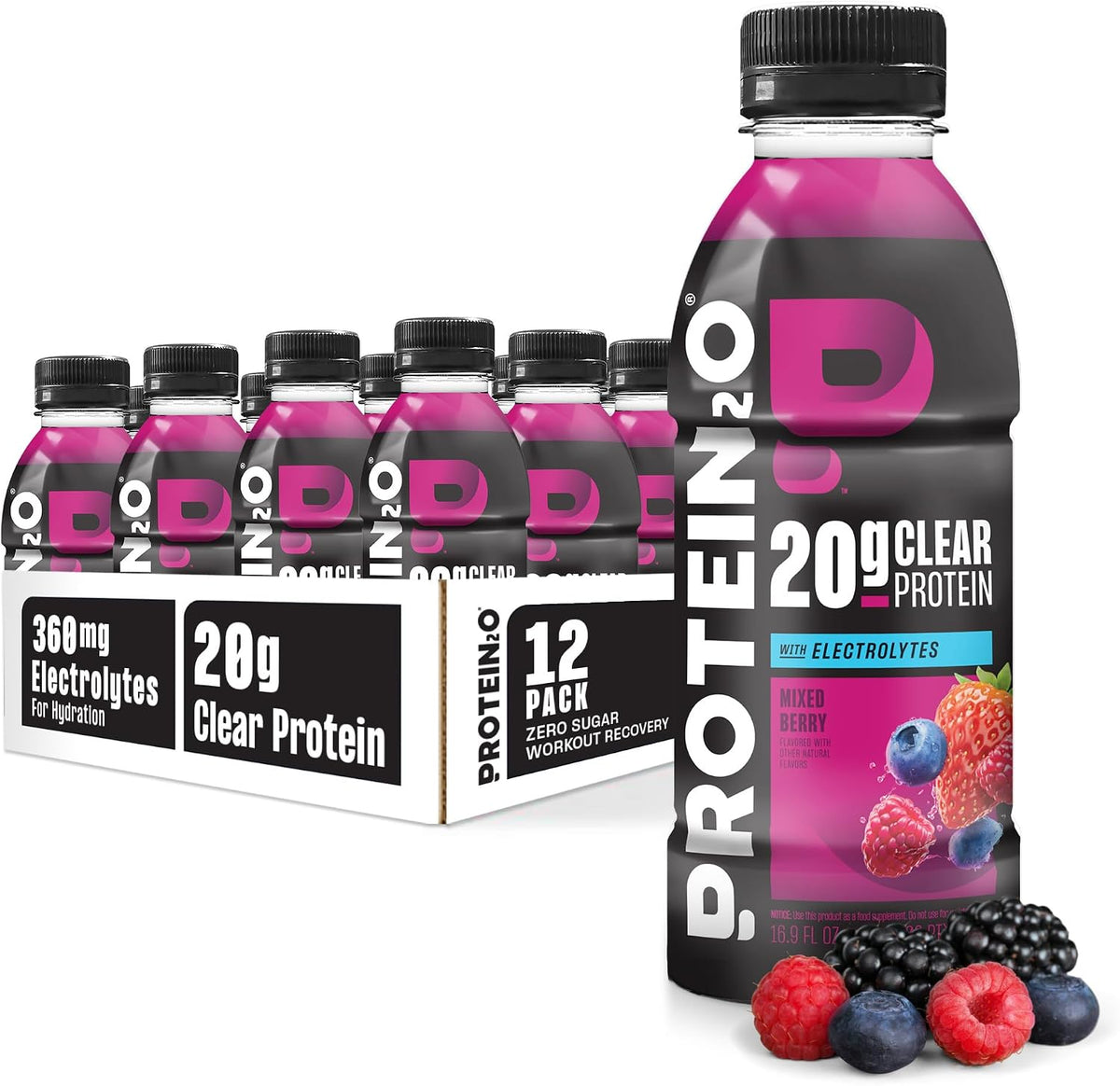 Protein2o Hydration Drink - 2-in-1 Liquid Clear Whey Protein Isolate and Electrolyte Drink - 20g Protein, Vitamins B5, B6 - Post-Workout Recovery - 16.9 Fl Oz - 12 Count Mixed Berry