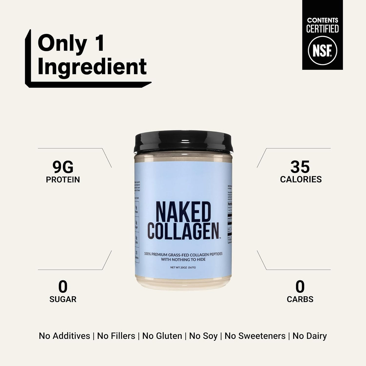 NAKED Collagen Peptides Protein Powder, 60 Servings, Pasture-Raised, Unflavored Grass-Fed Hydrolyzed Collagen Supplement, NSF Certified, Paleo Friendly, Non-GMO, Keto, Gluten Free, 20oz