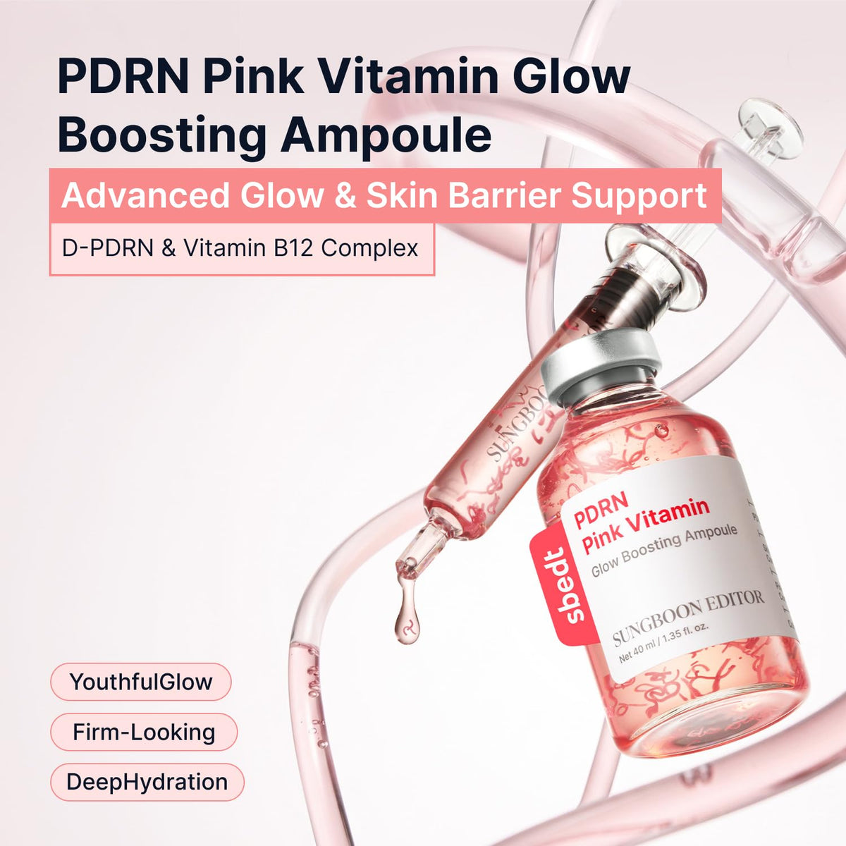 SUNGBOON EDITOR Glow Intensive PDRN Ampoule, Copper Peptides & Vitamin B12 Serum for Face with Collagen & Multi Peptides & 10 Hyaluronic Acids | Korean Skincare Serum, 1.35 fl oz