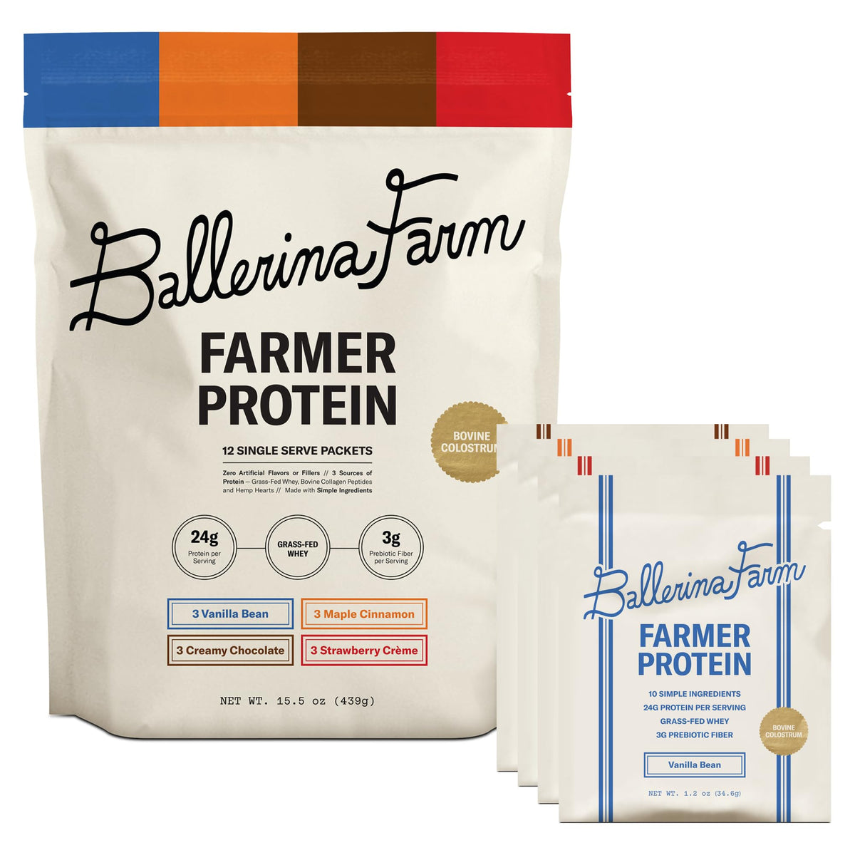 Ballerina Farm Grass Fed Whey Protein Powder, Vanilla Bean, 24g Protein with Collagen Peptides, Bovine Colostrum, Hemp Hearts & Prebiotic Fiber, No Added Sugar or Artificial Ingredients, 20 Servings