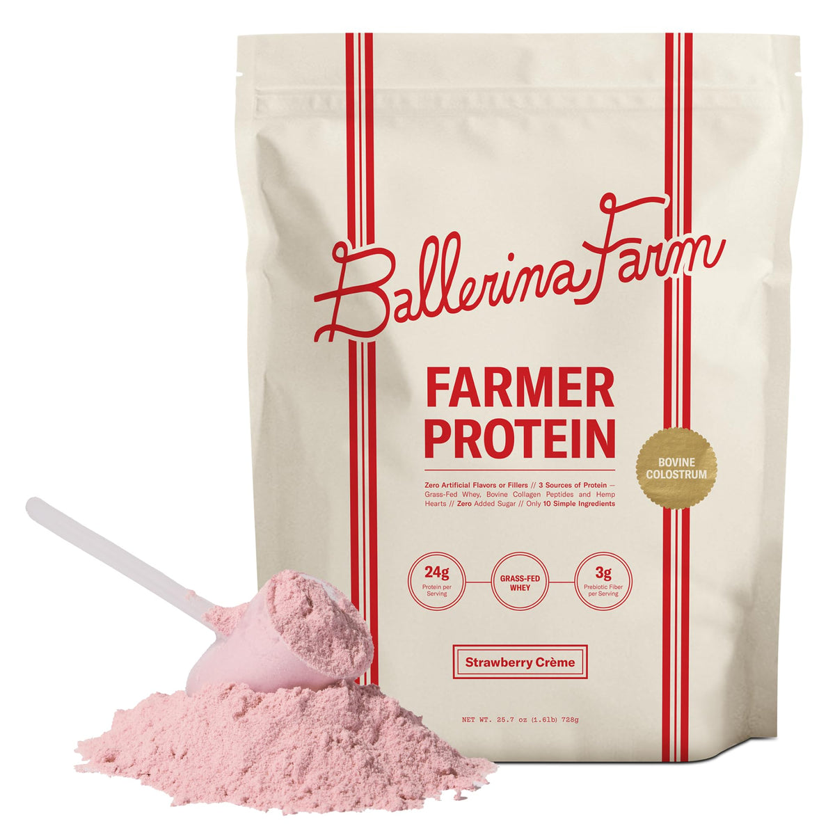 Ballerina Farm Grass Fed Whey Protein Powder, Vanilla Bean, 24g Protein with Collagen Peptides, Bovine Colostrum, Hemp Hearts & Prebiotic Fiber, No Added Sugar or Artificial Ingredients, 20 Servings