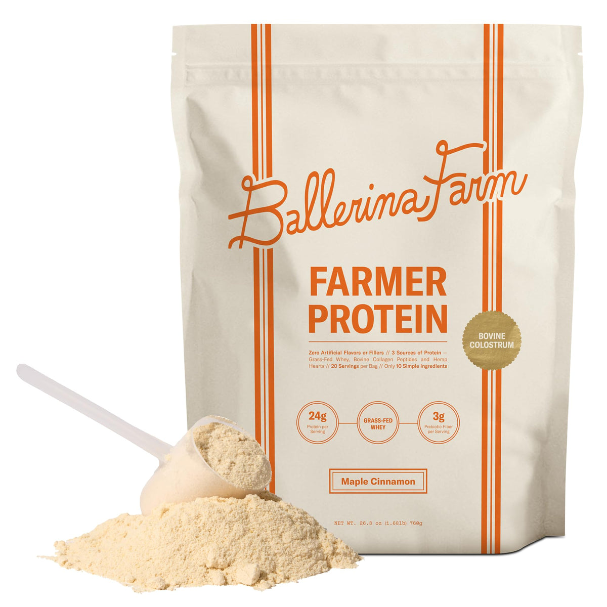 Ballerina Farm Grass Fed Whey Protein Powder, Vanilla Bean, 24g Protein with Collagen Peptides, Bovine Colostrum, Hemp Hearts & Prebiotic Fiber, No Added Sugar or Artificial Ingredients, 20 Servings
