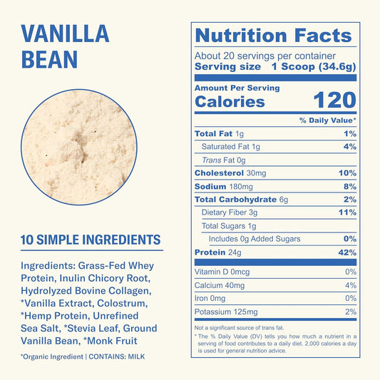 Ballerina Farm Grass Fed Whey Protein Powder, Vanilla Bean, 24g Protein with Collagen Peptides, Bovine Colostrum, Hemp Hearts & Prebiotic Fiber, No Added Sugar or Artificial Ingredients, 20 Servings