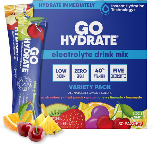 GoHydrate Low Sodium Electrolytes Powder Packets Sugar Free - Instant Hydration Daily Drink Mix - Zero Sugar Water Flavor Packet Singles with Vitamin D - (Variety Pack, 30 Packs)