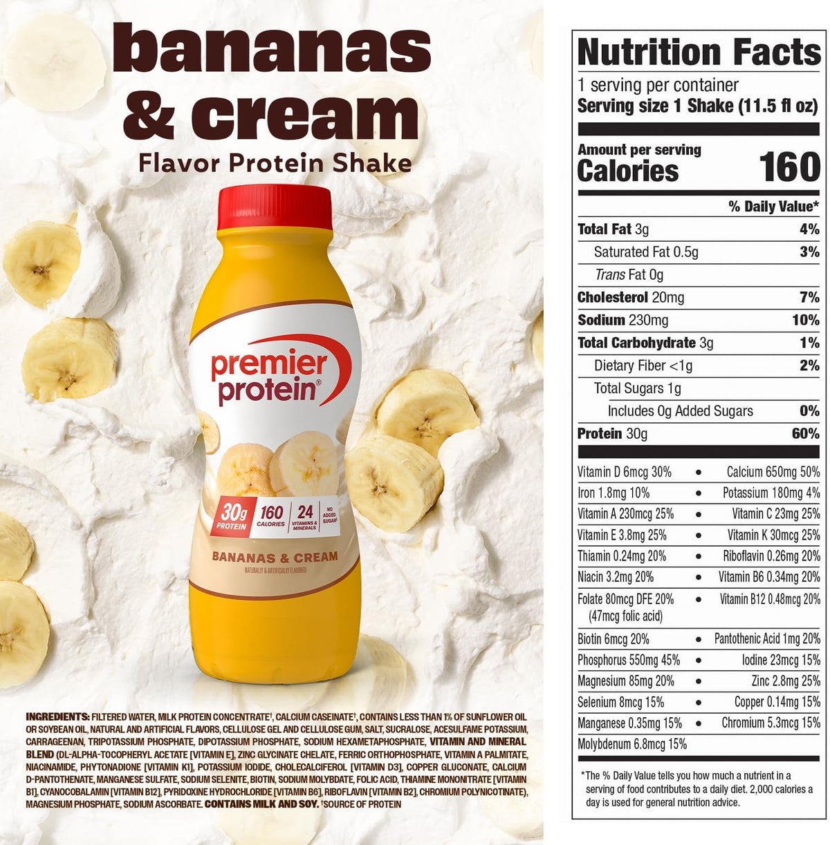 Premier Protein 30g High Protein Shake, Bananas & Cream, 12 Pack