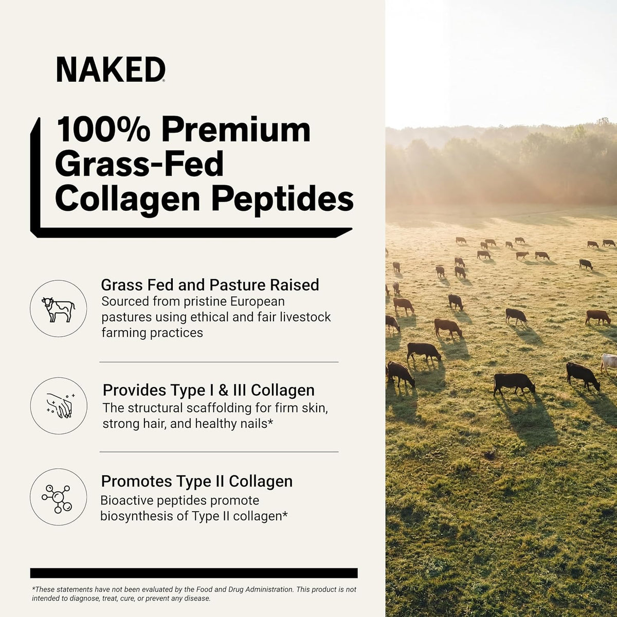 NAKED Collagen Peptides Protein Powder, 60 Servings, Pasture-Raised, Unflavored Grass-Fed Hydrolyzed Collagen Supplement, NSF Certified, Paleo Friendly, Non-GMO, Keto, Gluten Free, 20oz